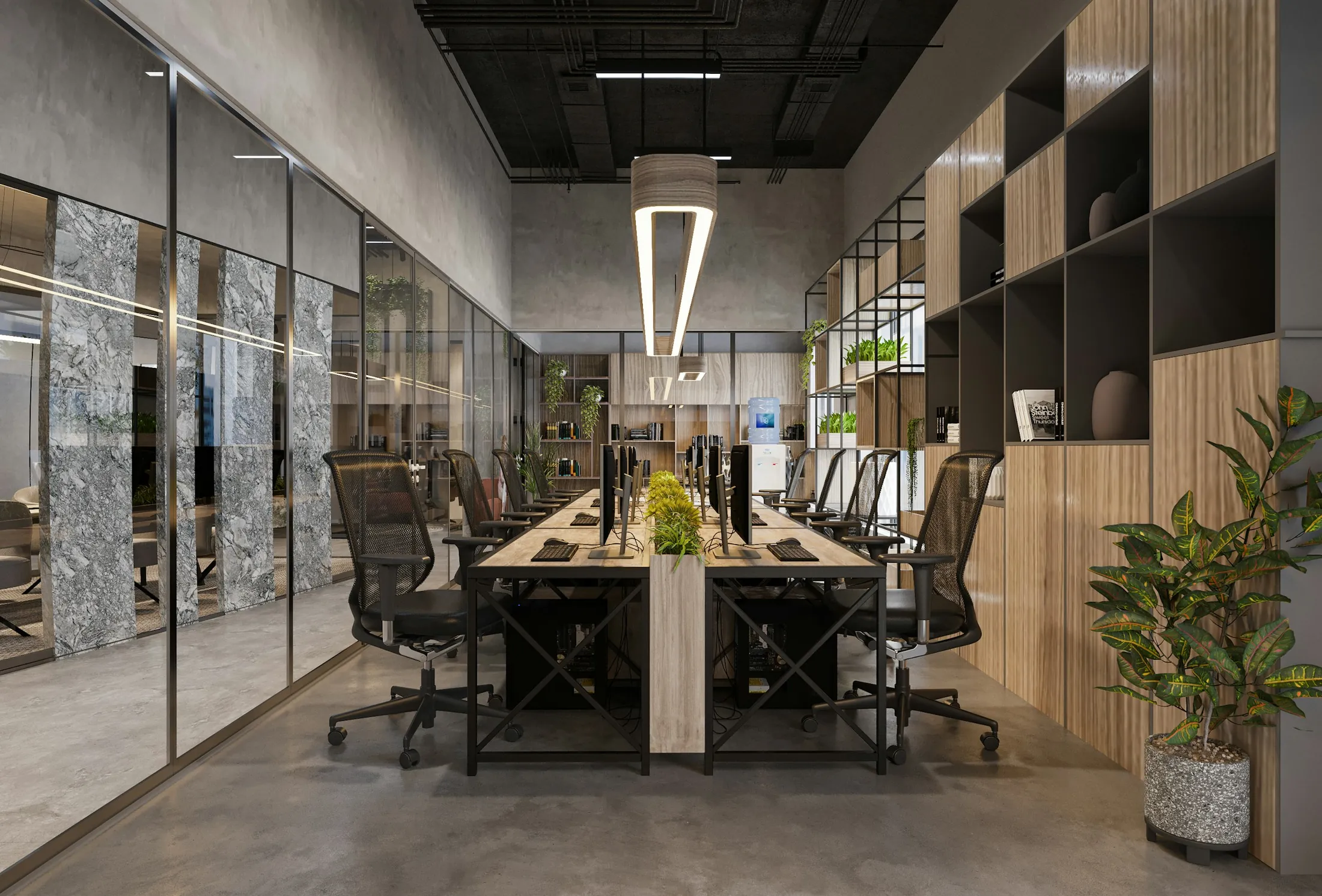 An open studio office with timber shelving and glazing