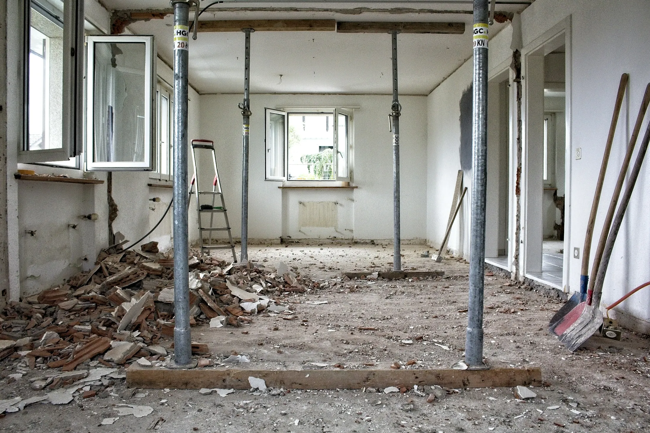 A stripped-back interior with temporary support props